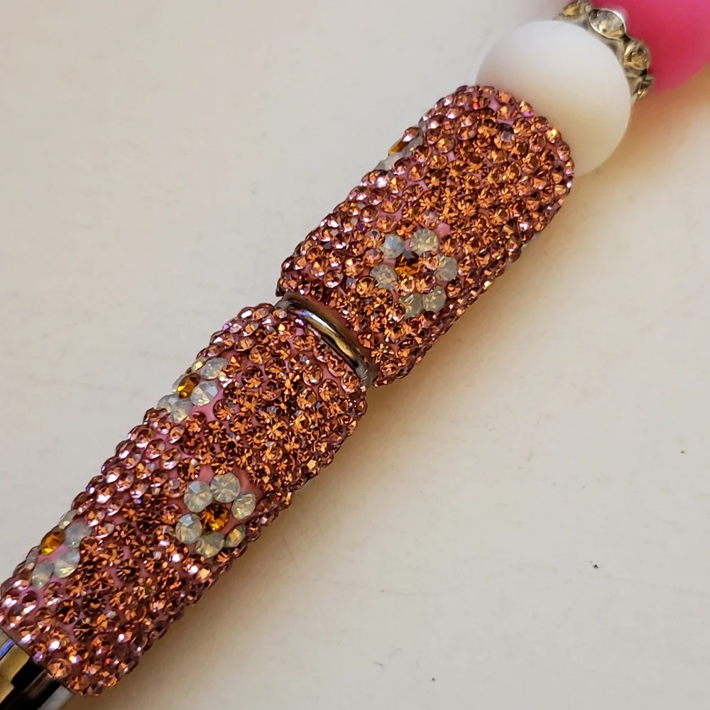 Handmade Pink White Hello Kitty Rhinestone Beaded Silicone Focal Bead Pen